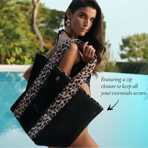VS Victoria's Secret Leopard Mesh Tote Top Zip Closure Bag Black NEW - Picture 8 of 12